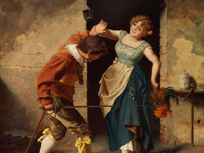 1845-Giuseppe Guzzardi - Interno di cucina con giovane coppia giocosa
